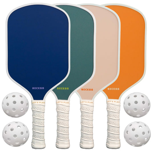 Recess Pickleball Starter Set of Premium Pickleball Paddles and Four (4) Pickle Balls - Lightweight, Honeycomb Core & Comfort Grip Handles - Perfect for Beginners