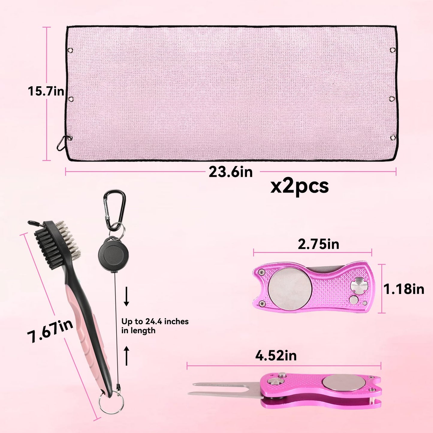 Aulock Golf Towel and Brush Set, Microfiber Towels for Golf Bags, Golf Club Cleaning Kit with Ball Marker Golf Divot Tool Brush Gifts for Women, Pink