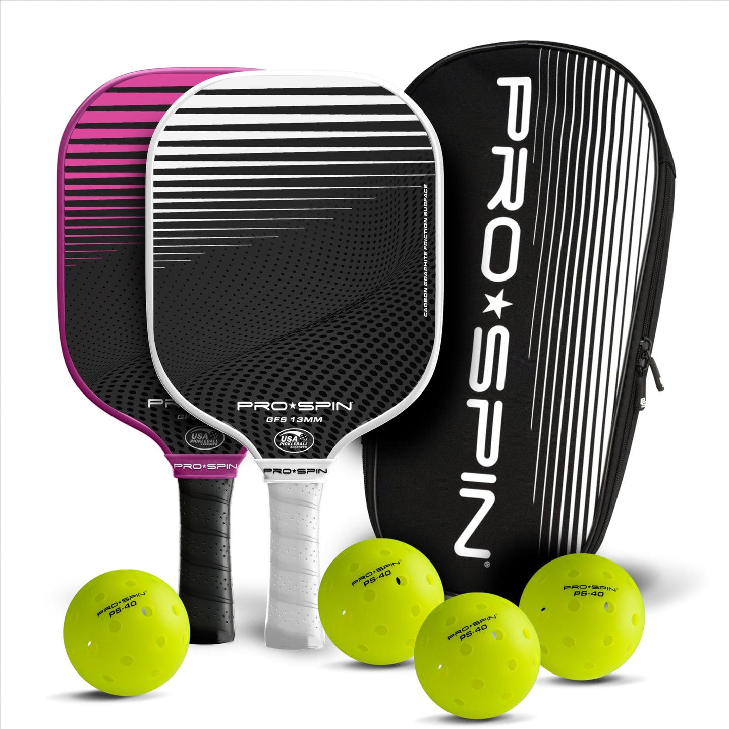 PRO SPIN Pickleball Paddles - USAPA-Approved Graphite Carbon Friction Surface Paddle - Set of 2 has Indoor/Outdoor Balls, Bag for Equipment & Accessories - Pickle Ball Gift for Women, Men, Kids