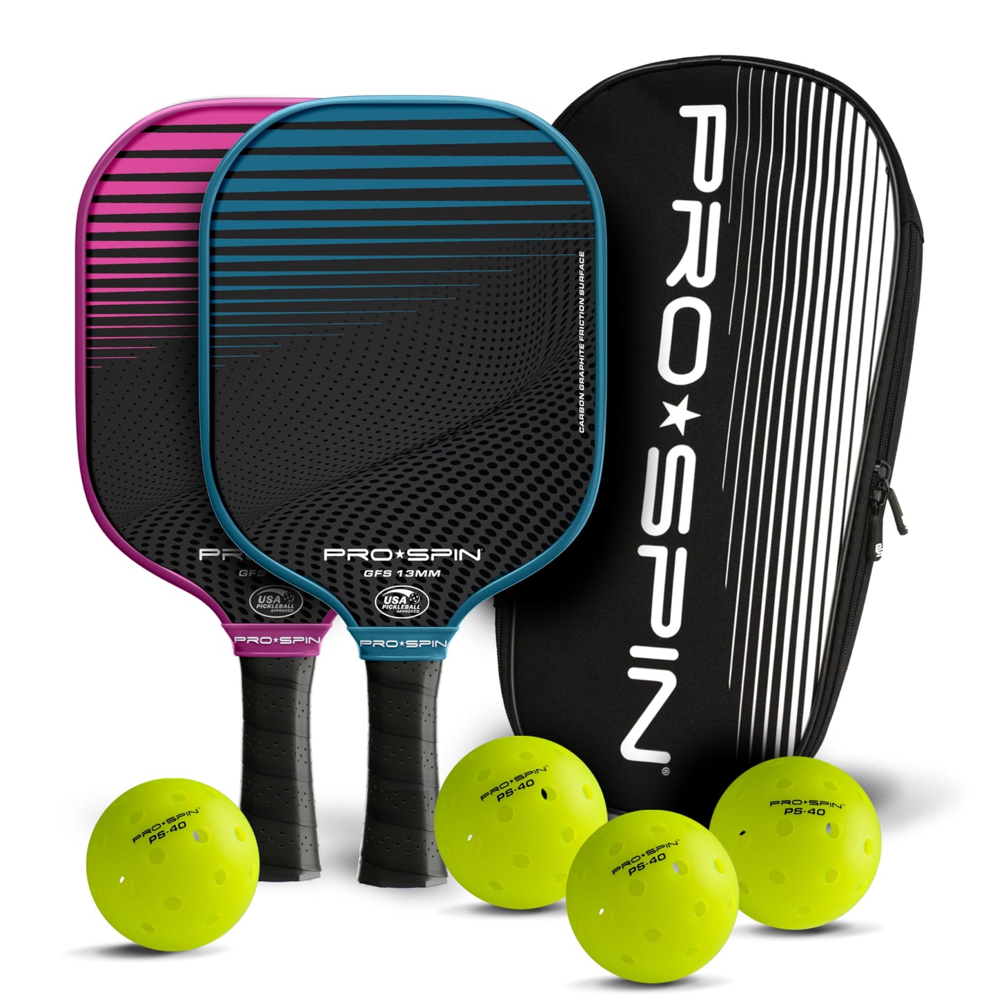 PRO SPIN Pickleball Paddles - USAPA-Approved Graphite Carbon Friction Surface Paddle - Set of 2 has Indoor/Outdoor Balls, Bag for Equipment & Accessories - Pickle Ball Gift for Women, Men, Kids