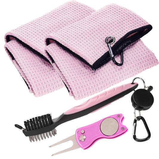 Aulock Golf Towel and Brush Set, Microfiber Towels for Golf Bags, Golf Club Cleaning Kit with Ball Marker Golf Divot Tool Brush Gifts for Women, Pink