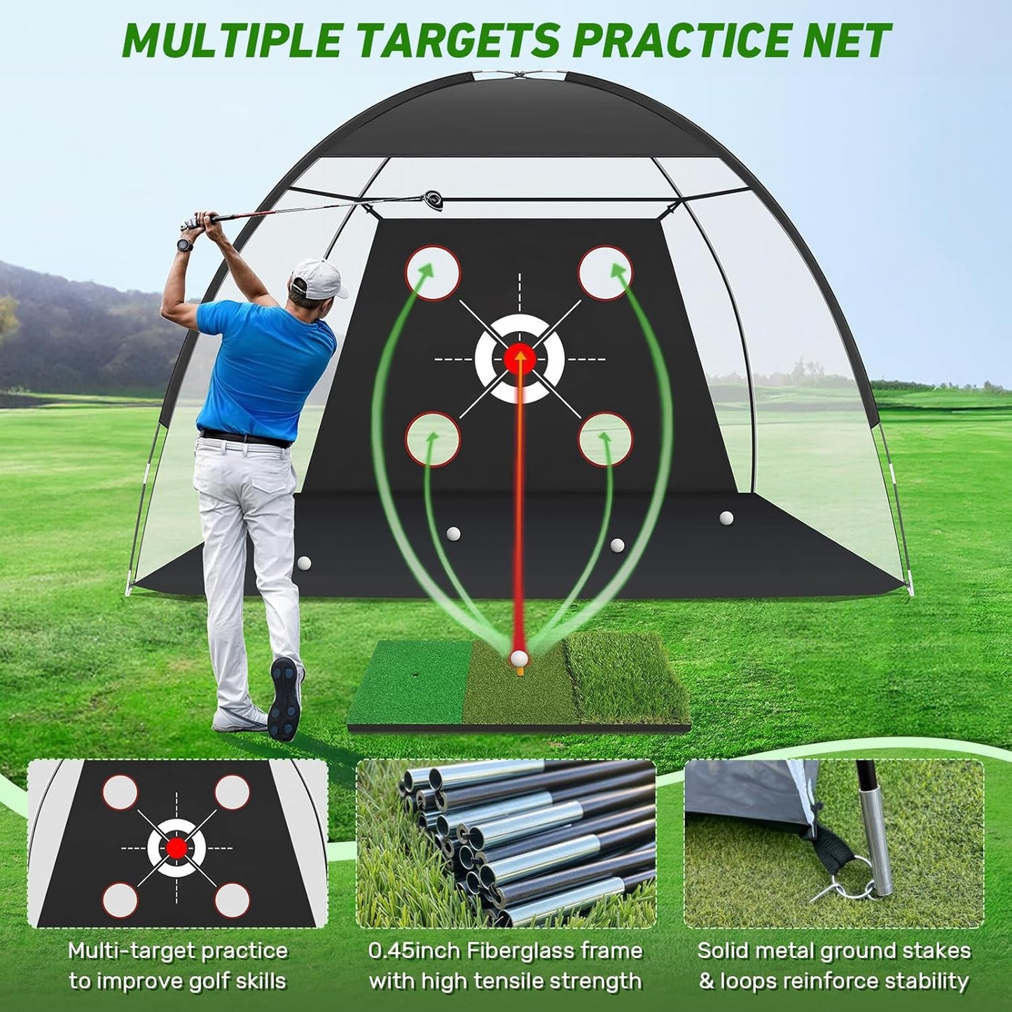 Zensouds Golf Net, 10x7FT with Golf Practice Mat, Hitting Aid Nets for Backyard Driving Chipping Training Swing with Target Outdoor or Indoor– Gifts for Men/Dad/Him