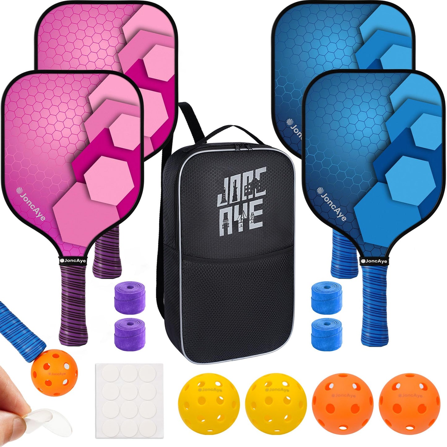 Pickleball-Paddles-Set of 4 or 2 Rackets by JoncAye, USAPA Approved Pickle-Ball Equipment with Balls, Bag, Accessories, Fiberglass Graphite Pickleball Racquet Set for Men, Women, Kids, Adults