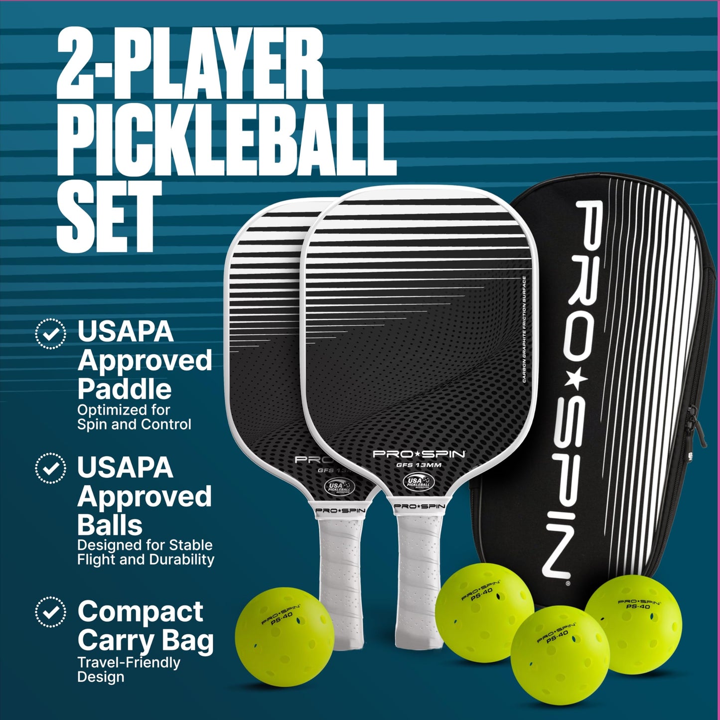 PRO SPIN Pickleball Paddles - USAPA-Approved Graphite Carbon Friction Surface Paddle - Set of 2 has Indoor/Outdoor Balls, Bag for Equipment & Accessories - Pickle Ball Gift for Women, Men, Kids