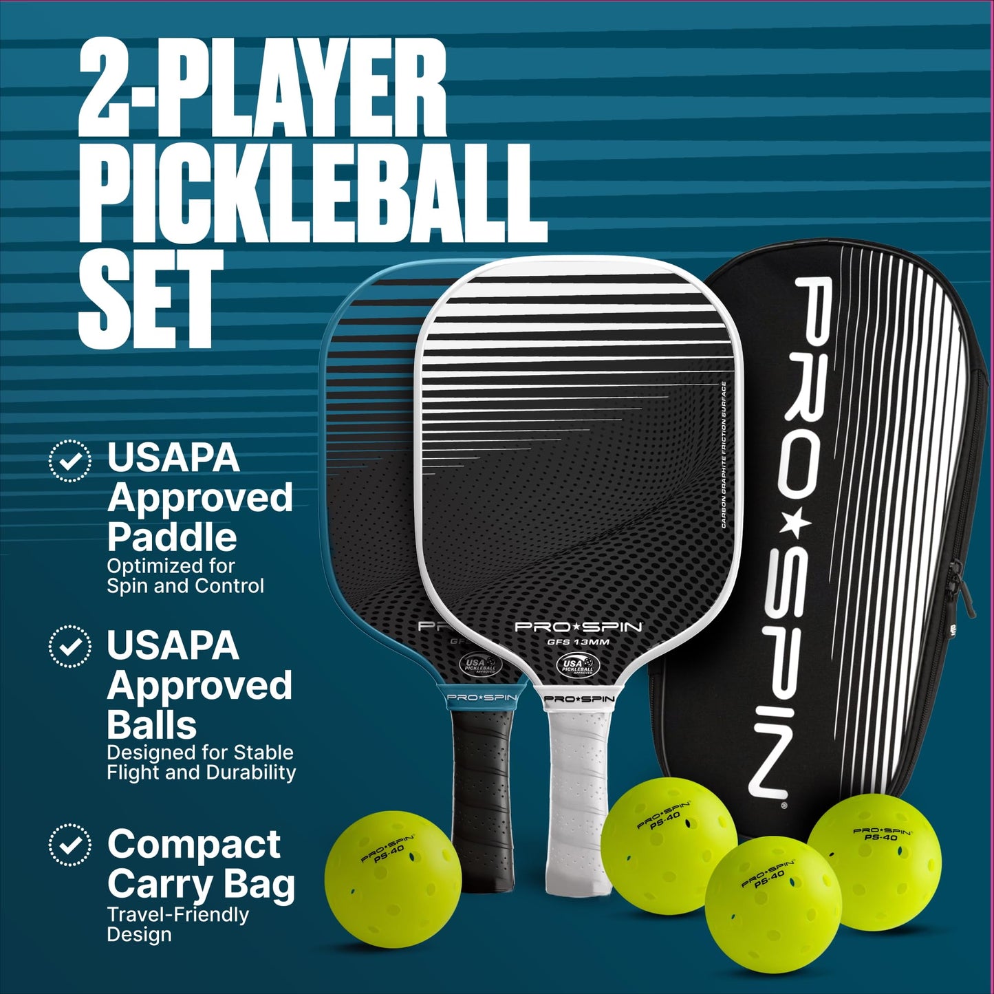 PRO SPIN Pickleball Paddles - USAPA-Approved Graphite Carbon Friction Surface Paddle - Set of 2 has Indoor/Outdoor Balls, Bag for Equipment & Accessories - Pickle Ball Gift for Women, Men, Kids