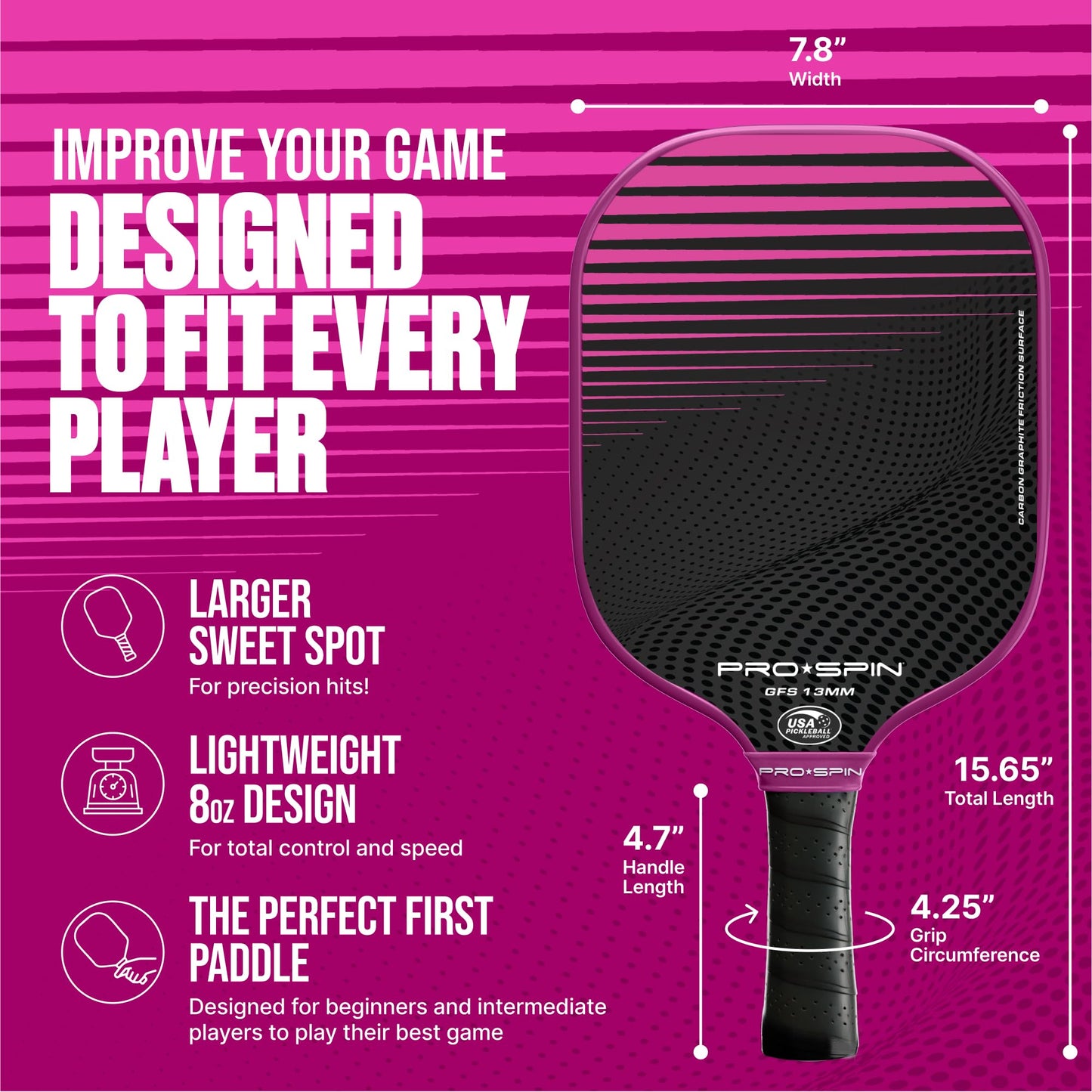 PRO SPIN Pickleball Paddles - USAPA-Approved Graphite Carbon Friction Surface Paddle - Set of 2 has Indoor/Outdoor Balls, Bag for Equipment & Accessories - Pickle Ball Gift for Women, Men, Kids