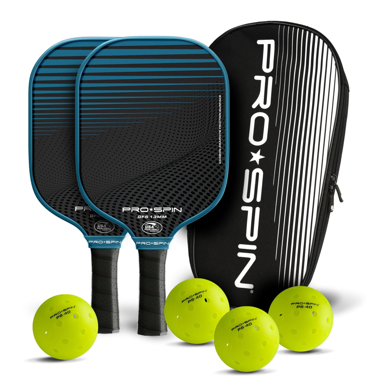 PRO SPIN Pickleball Paddles - USAPA-Approved Graphite Carbon Friction Surface Paddle - Set of 2 has Indoor/Outdoor Balls, Bag for Equipment & Accessories - Pickle Ball Gift for Women, Men, Kids