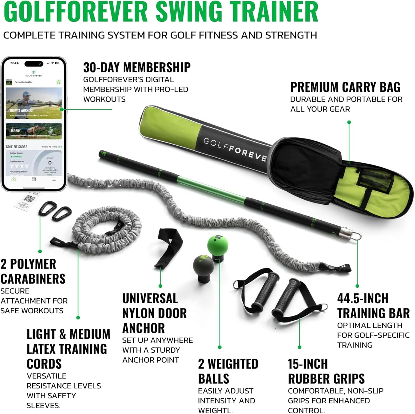 Swing Trainer – Golf Training & Fitness System for Strength, Flexibility & Swing Power – Includes 30-Day Membership & Training Bar for Golf-Specific Workouts