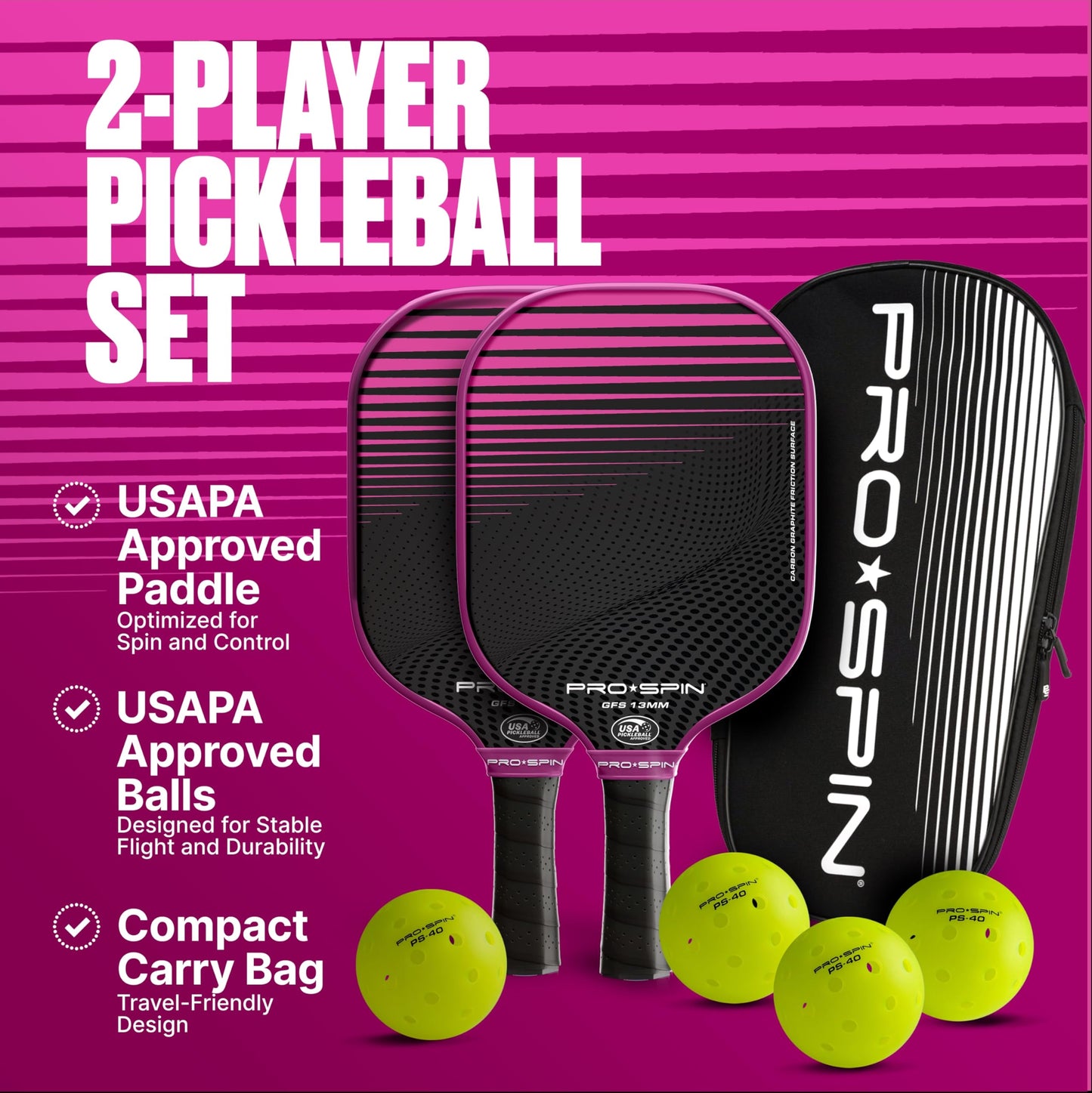 PRO SPIN Pickleball Paddles - USAPA-Approved Graphite Carbon Friction Surface Paddle - Set of 2 has Indoor/Outdoor Balls, Bag for Equipment & Accessories - Pickle Ball Gift for Women, Men, Kids
