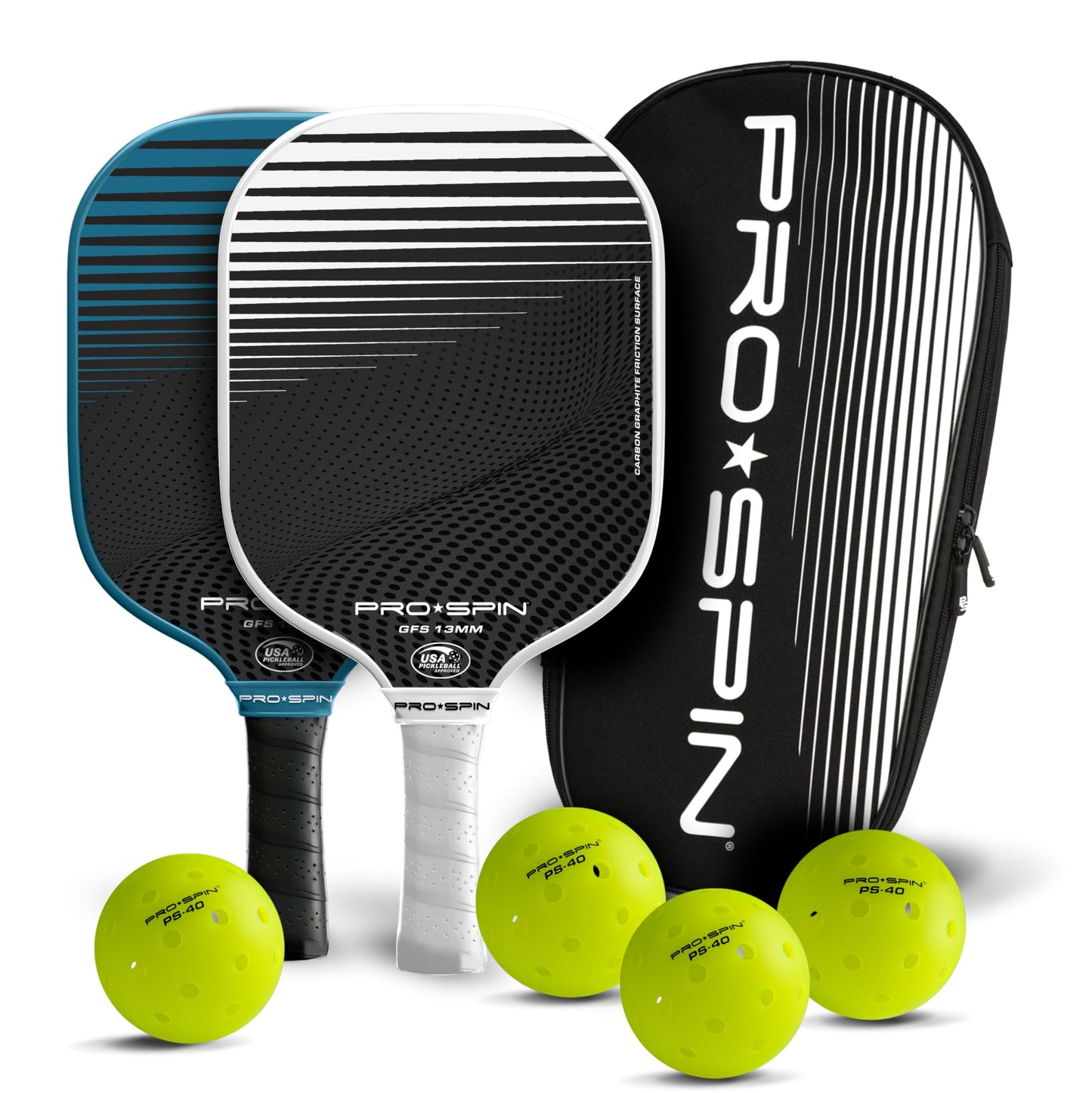 PRO SPIN Pickleball Paddles - USAPA-Approved Graphite Carbon Friction Surface Paddle - Set of 2 has Indoor/Outdoor Balls, Bag for Equipment & Accessories - Pickle Ball Gift for Women, Men, Kids