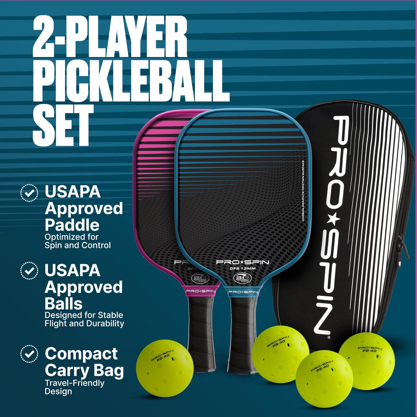 PRO SPIN Pickleball Paddles - USAPA-Approved Graphite Carbon Friction Surface Paddle - Set of 2 has Indoor/Outdoor Balls, Bag for Equipment & Accessories - Pickle Ball Gift for Women, Men, Kids
