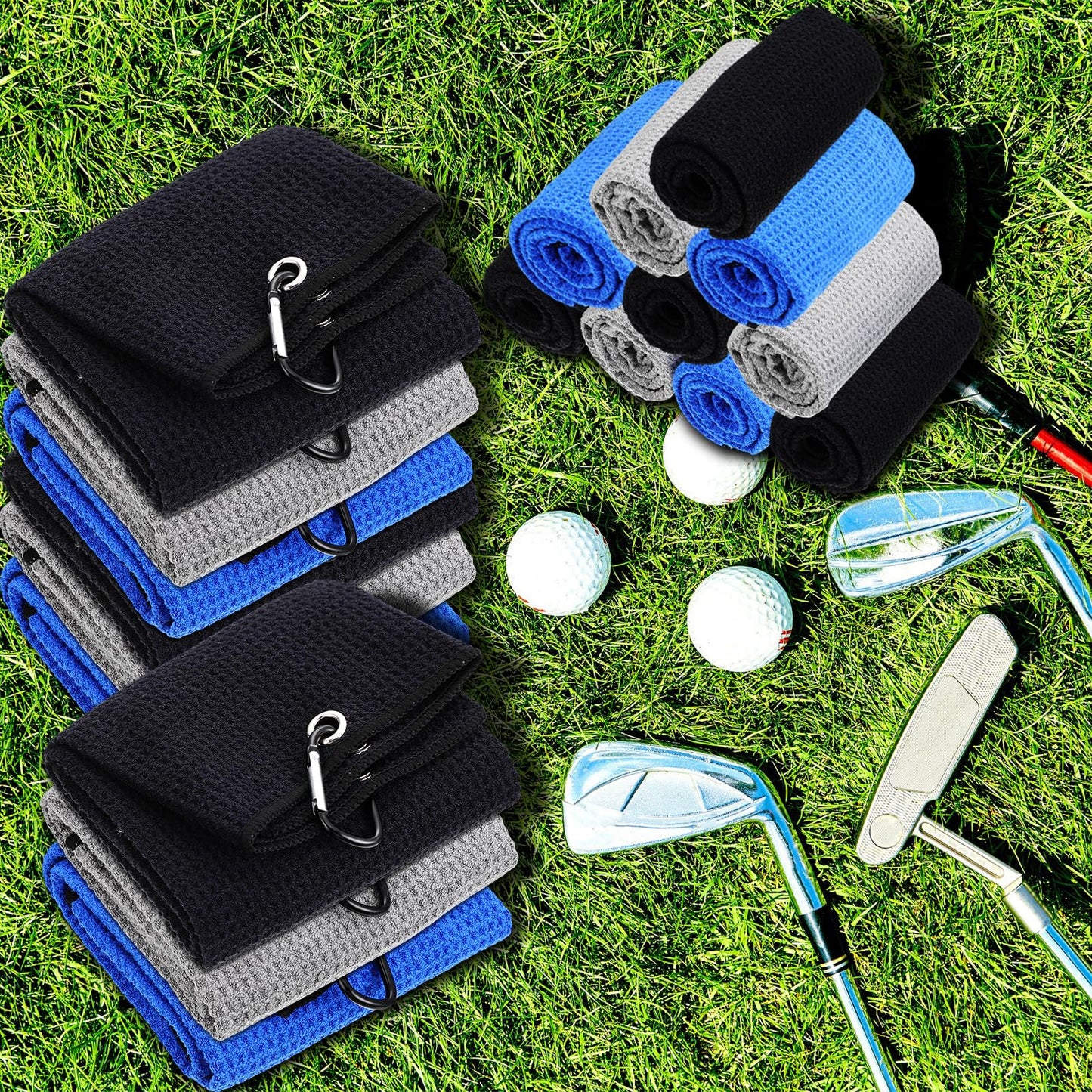 Batiyeer Golf Towels Bulk for Bags 16'' x 24'' Microfiber Waffle Pattern Golf Towels Trifold with Clip for Hiking,Tournament, Yoga